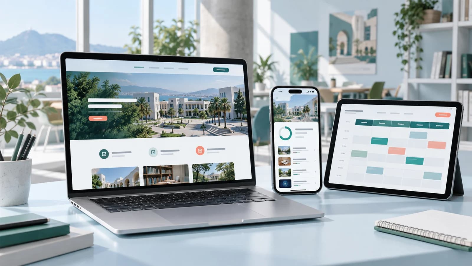Illustration de concept d’un site web et d’une application éducative sur ordinateur et mobile.