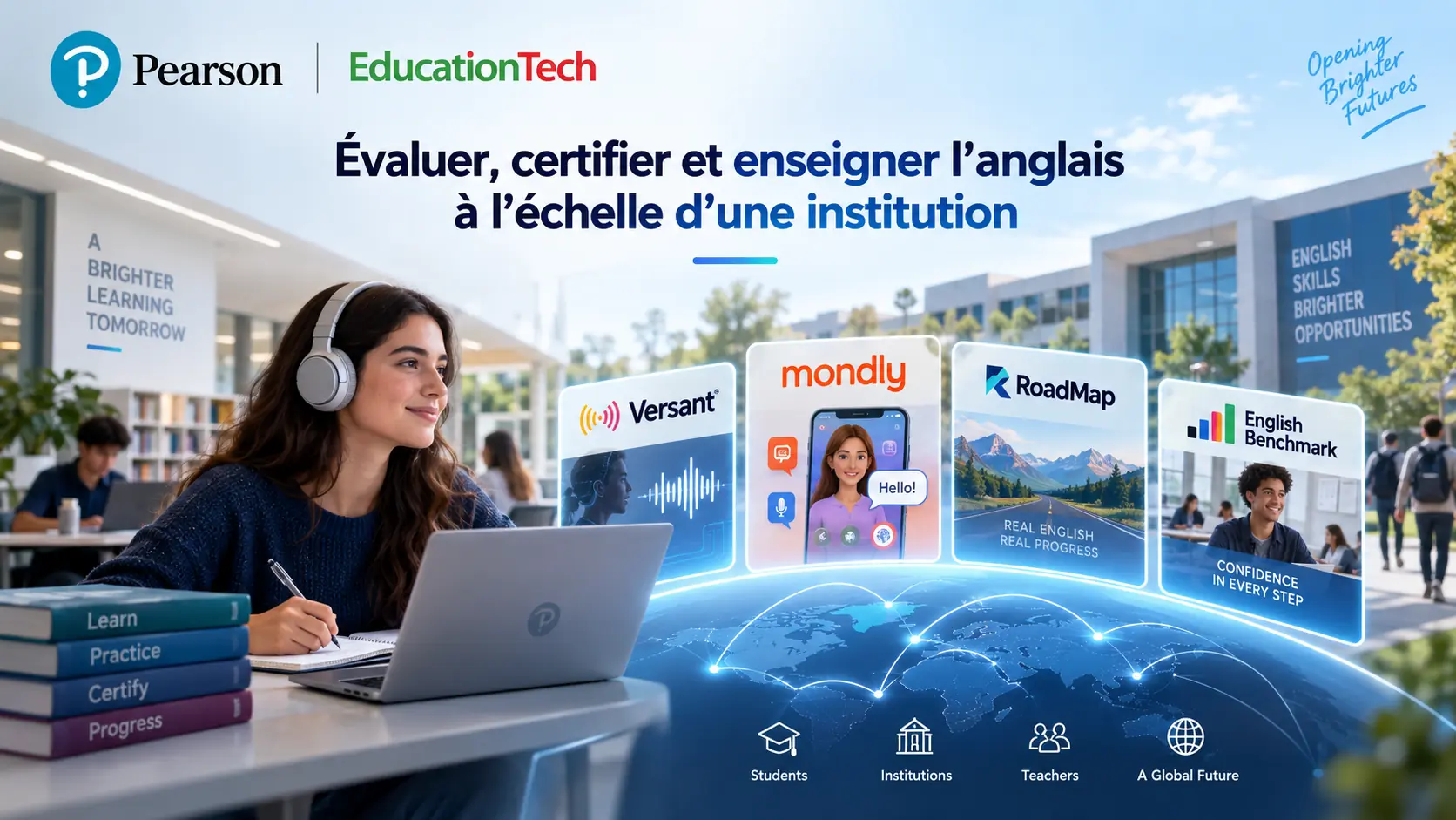 Solutions Pearson. Évaluer, certifier et enseigner l’anglais à l’échelle d’une institution — avec Versant, Mondly, RoadMap et English Benchmark.