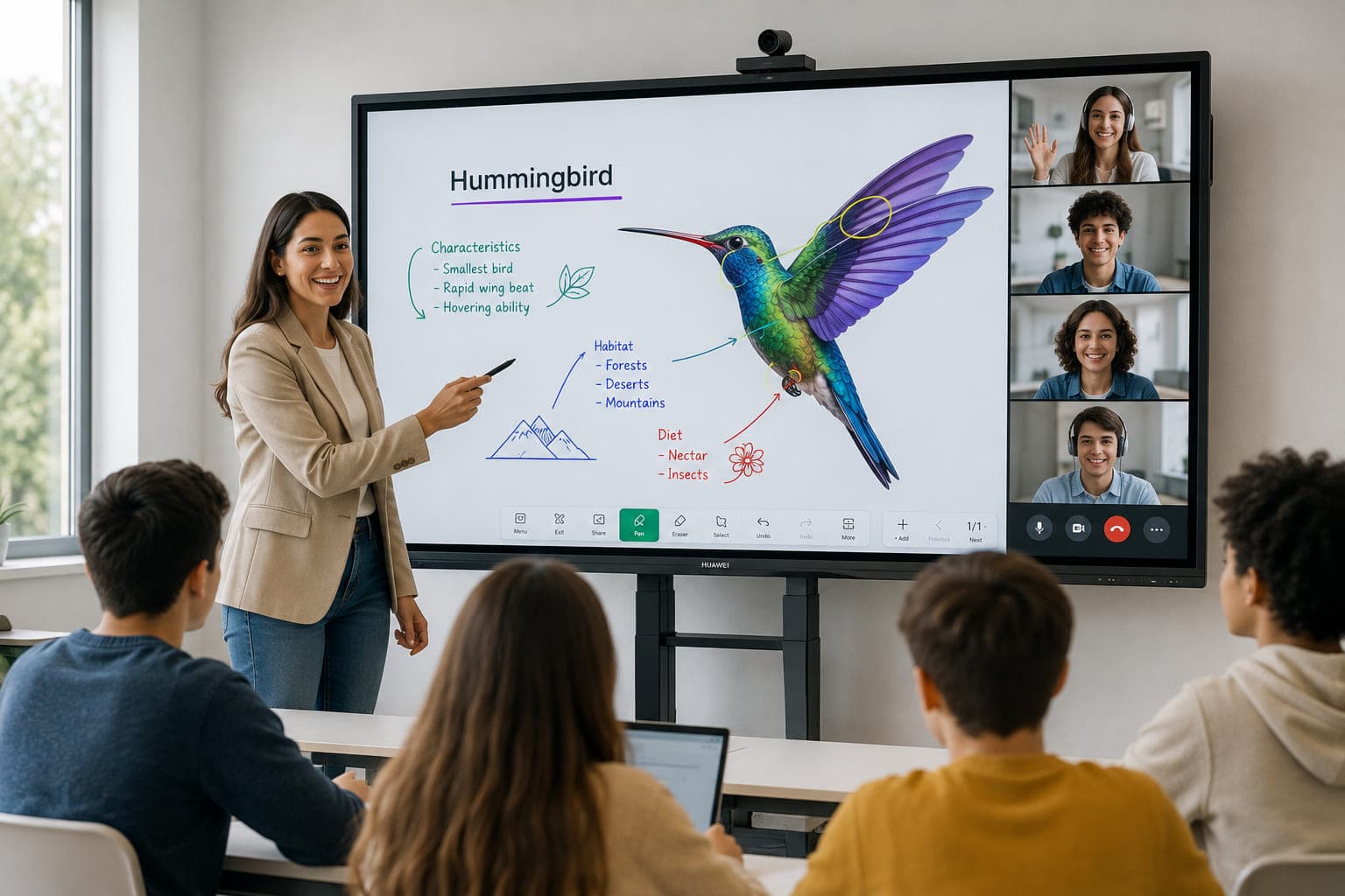 Un enseignant anime une leçon sur un écran interactif dans une classe connectée.